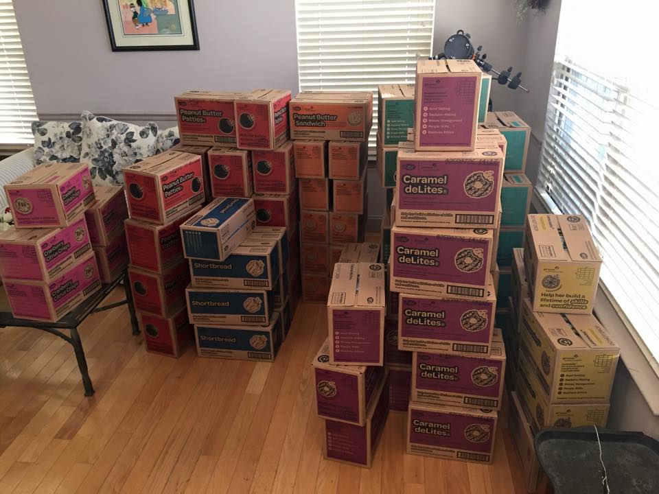 This was my living room after the first order - and it was only 100 cases Our troop ended up selling more than 270 cases, all of which went through my living room!
