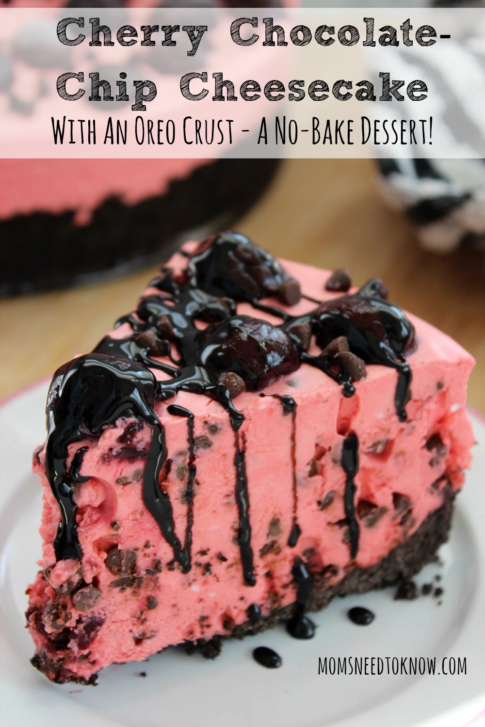 This no-bake Cherry Chocolate Chip Cheesecake is absolutely delicious and easy to make. With a crust made from crushed Oreos, it is sure to please!