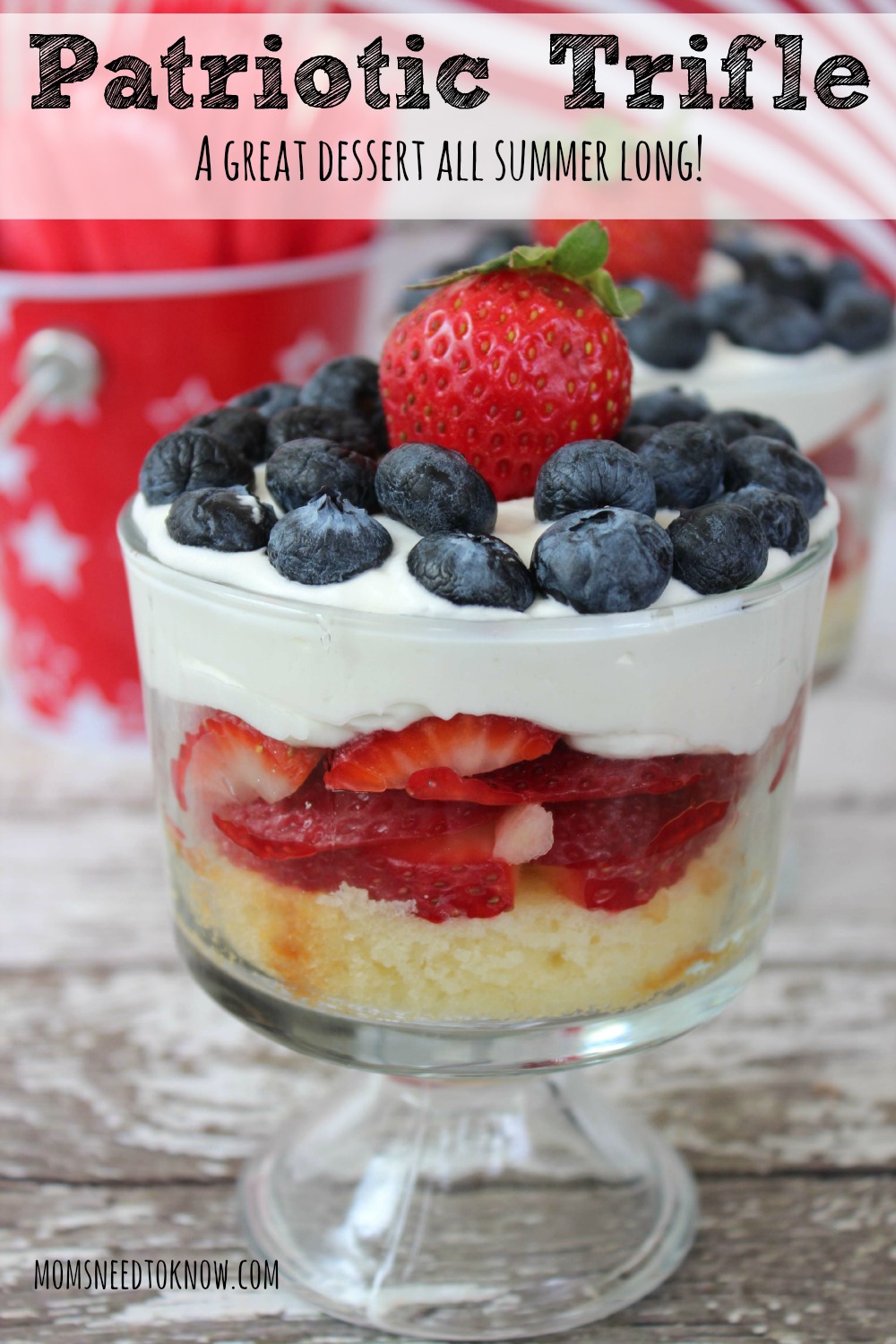 This red, white and blue trifle is easy to make and sure to be a hit at any summer party! Making it as "mini desserts" is a great way to control portions!