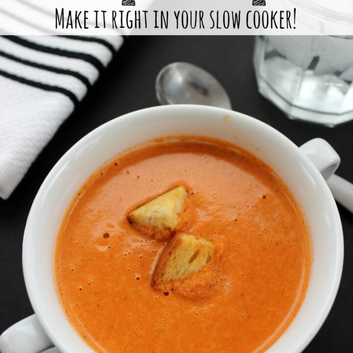 Make this easy tomato soup recipe in the crockpot or on the stovetop. The perfect recipe for a rainy day (especially if you pair it with a grilled cheese!)
