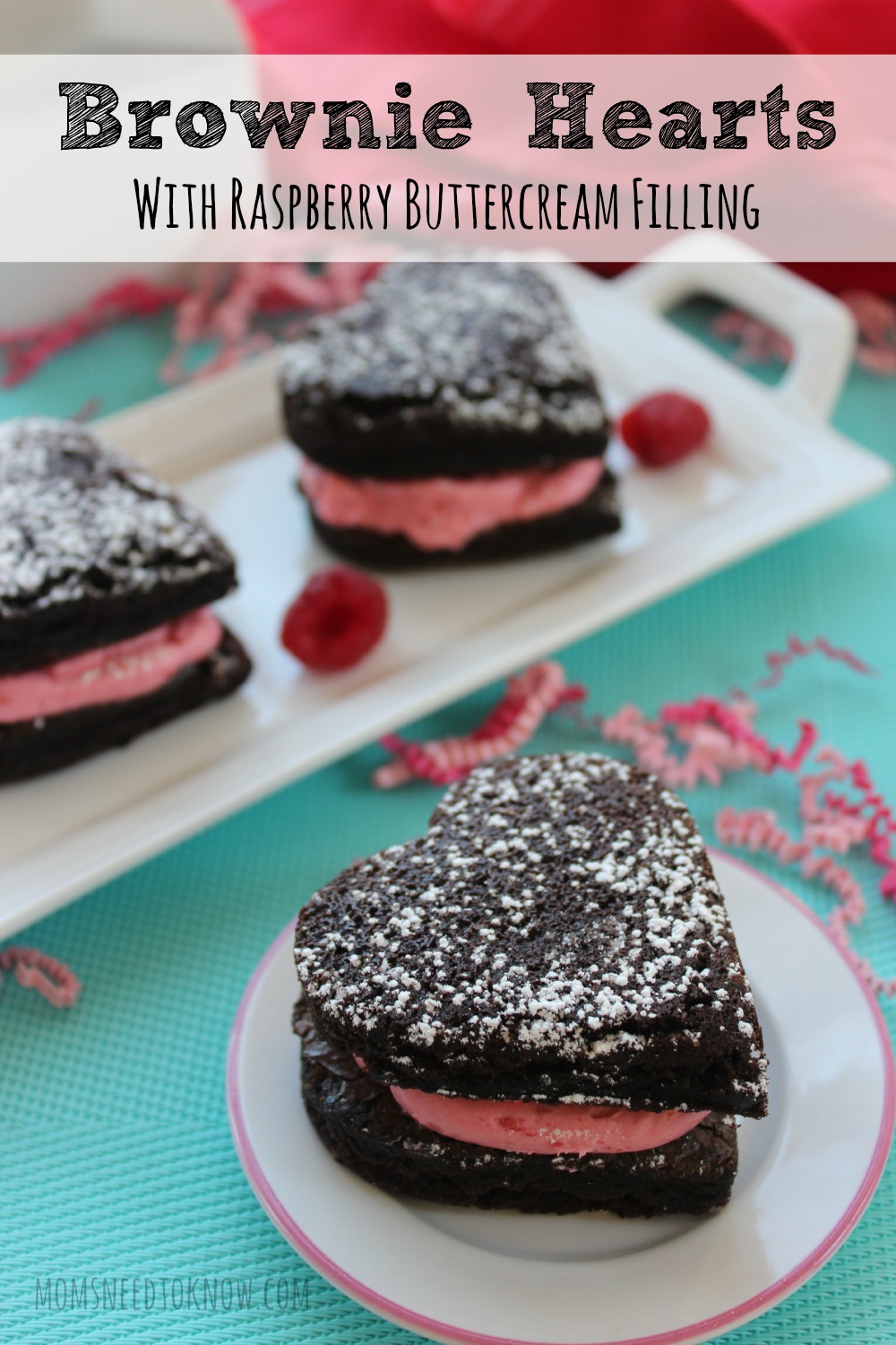 These brownie hearts with raspberry buttercream filling are so easy to make and perfect to take to any party! Your children will love helping you make them!