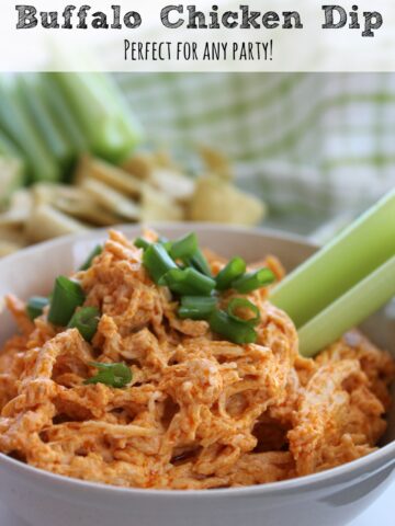 This Buffalo Chicken Dip is so easy to make and sure to be a hit at your next party! Serve it with celery sticks (with some ranch on the side) or crackers!