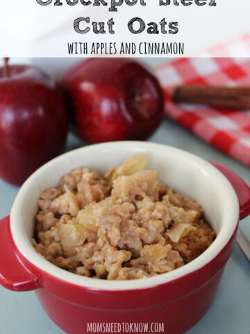 Put this crockpot steel cut oats recipe together at night before bed and wake up to the wonderful smells of apple & cinnamon and a hearty hot breakfast!