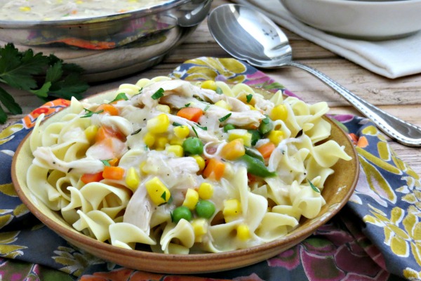 Creamy Chicken and Veggies Served Over Egg Noodles myf