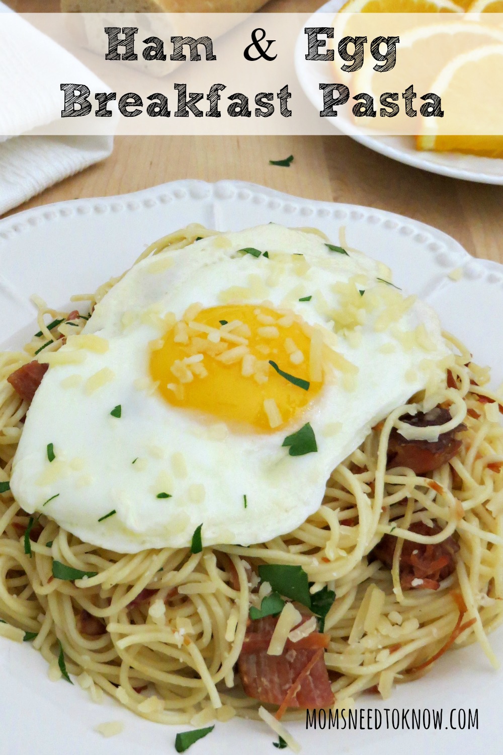 Breakfast pasta is becoming more popular and this recipe can be made with ham or bacon. The runny yolk acts as a sauce for the pasta and is so yummy!