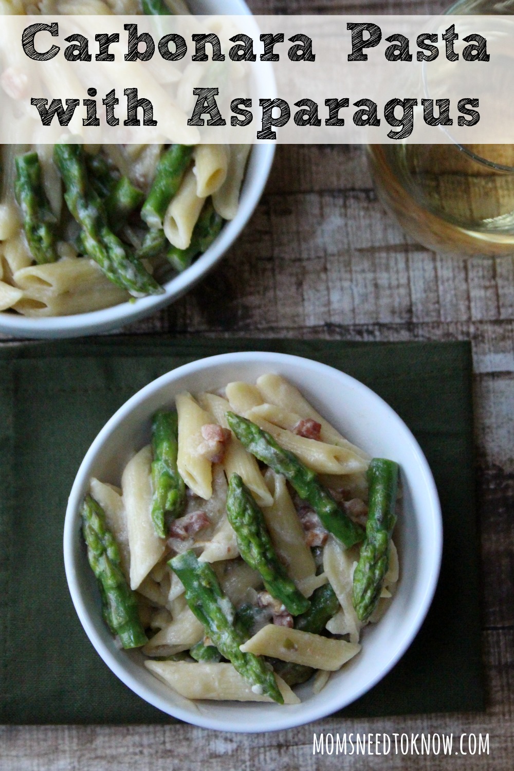 This rich and creamy pasta carbonara  with asparagus combines the smoky flavor of pancetta with the creaminess of cream and a blend of cheeses!