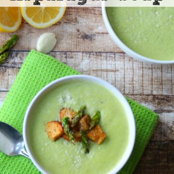 This creamy asparagus and pea soup is so easy to make and delicious served hot or cold! The baked asparagus gives this soup an incredible depth of flavor!