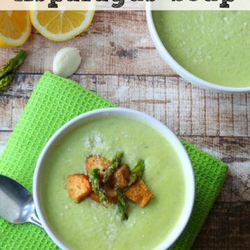 This creamy asparagus and pea soup is so easy to make and delicious served hot or cold! The baked asparagus gives this soup an incredible depth of flavor!