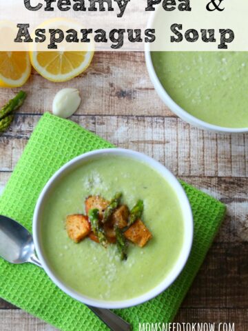 This creamy asparagus and pea soup is so easy to make and delicious served hot or cold! The baked asparagus gives this soup an incredible depth of flavor!