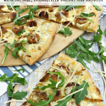 This white pizza recipe is a nice change for your typical make-at-home one. We used chicken sausage, but you can use your favorite if you like!