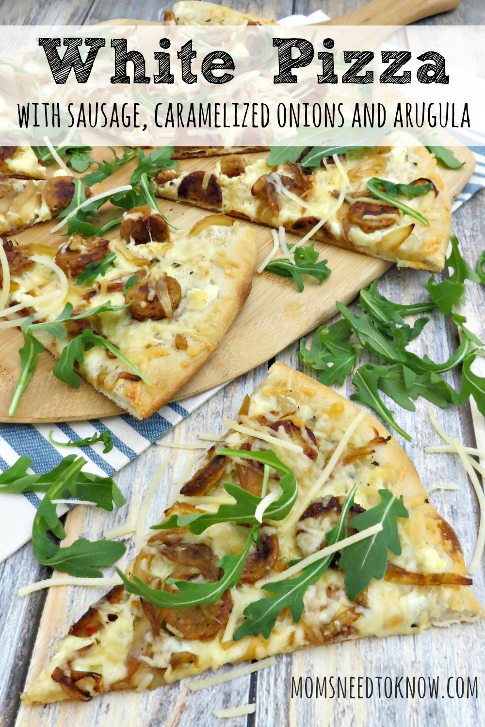 This white pizza recipe is a nice change for your typical make-at-home one. We used chicken sausage, but you can use your favorite if you like!