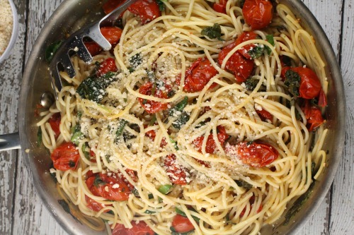 Cherry Tomato Sauce with Pasta, Parmesan, Basil and Spinach