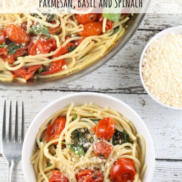 My cherry tomatoes were out of control and this Cherry Tomato Sauce with pasta, basil, spinach and Parmesan was the perfect way to use them in a light meal!