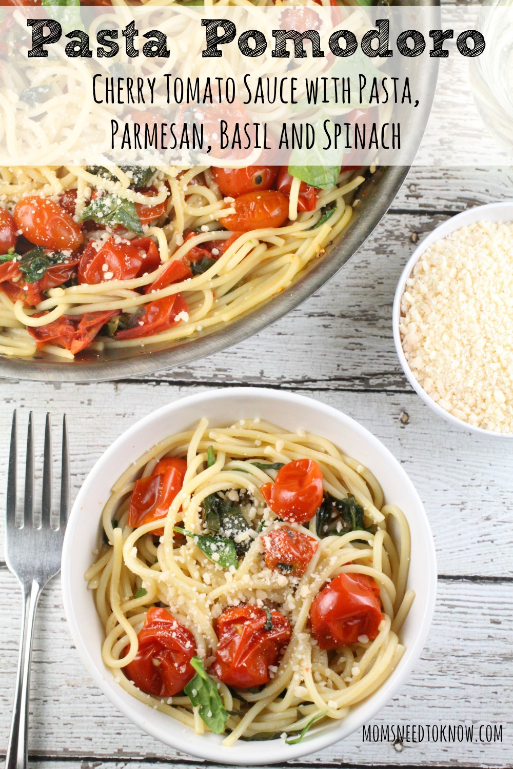 My cherry tomatoes were out of control and this Cherry Tomato Sauce with pasta, basil, spinach and Parmesan was the perfect way to use them in a light meal!