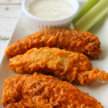 These Buffalo chicken tenders are so easy to make and are perfect as an appetizer for parties or even a weeknight dinner.