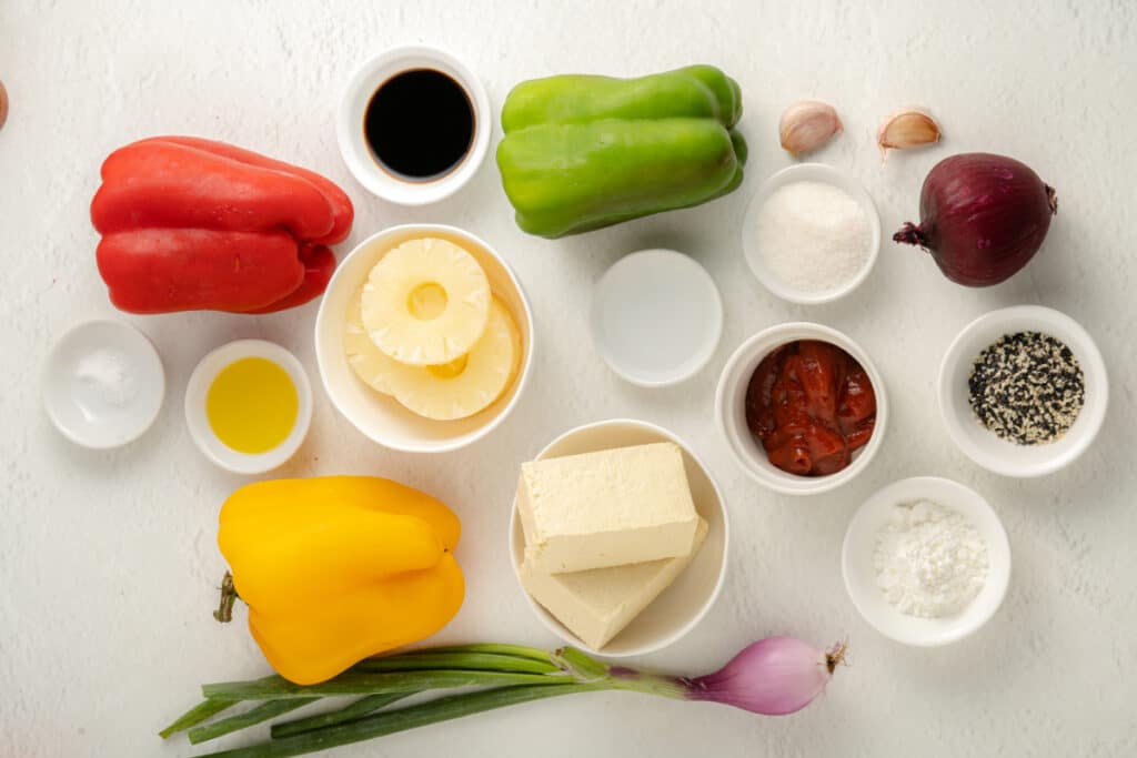 ingredients for sweet and sour tofu on a white background