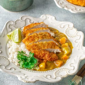 chicken katsu curry on a plate with rice