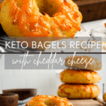 2 different images of keto bagels topped with cheddar cheese