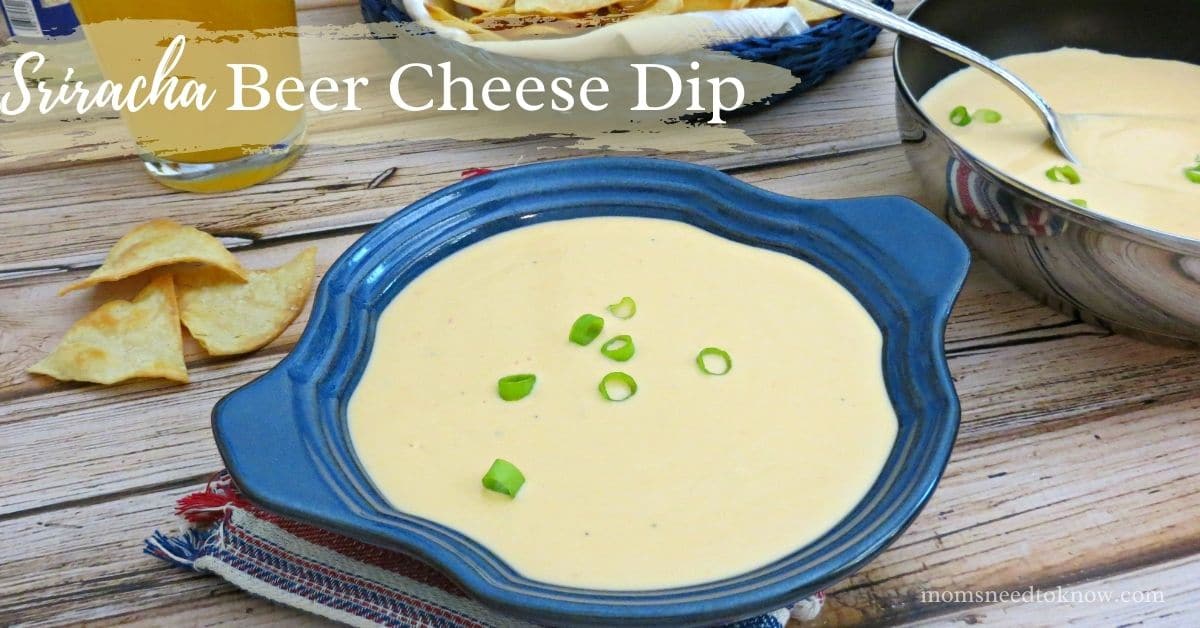 beer cheese dip in a blue bowl with pita chips