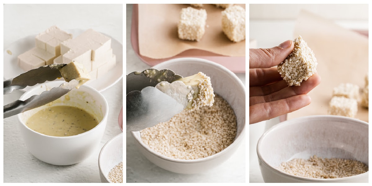 three images showing steps to coat sesame baked tofu bites