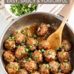 Pinterest-ready image of Asian meatballs in a pan with sesame seeds and scallions