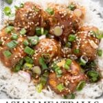 Pinterest ready image of Asian meatballs on a bed of rice