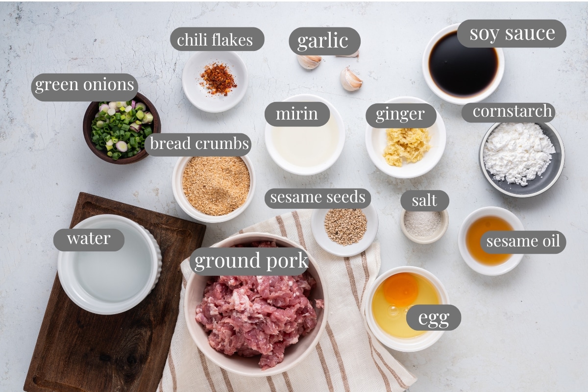 ingredients needed to make pork Asian meatballs and the sauce