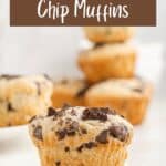 vegan chocolate chip muffins with a pile of muffins behind it