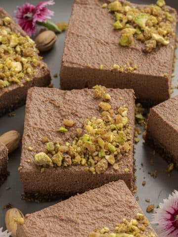 Chocolate pistachio squares close up image