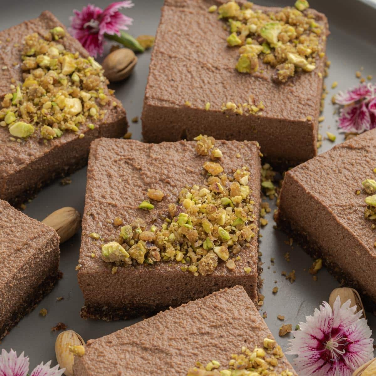 Chocolate pistachio squares close up image