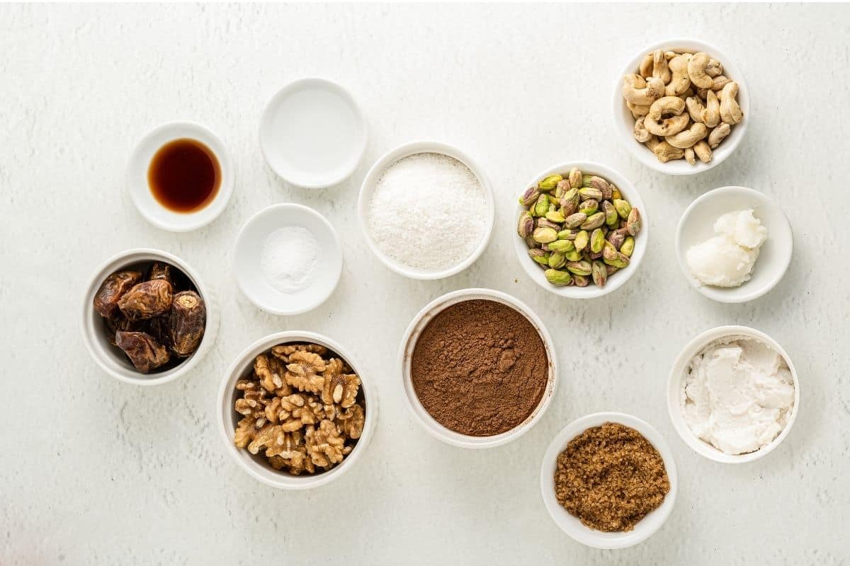 Ingredients for chocolate pistachio bars laid out on a table
